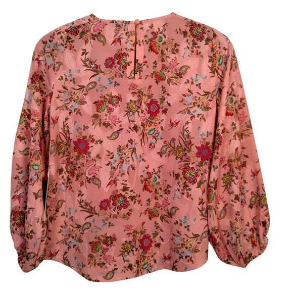 Loft Blouse Shirt XXS Petite Pink Floral Long Balloon Sleeve Semi Sheer Textured - Picture 3 of 11
